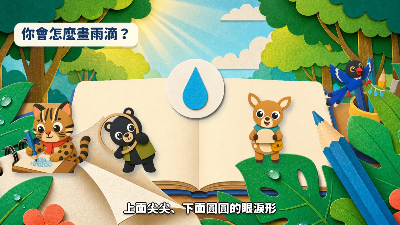 四位角色在森林工作桌前推敲雨滴的流體形狀