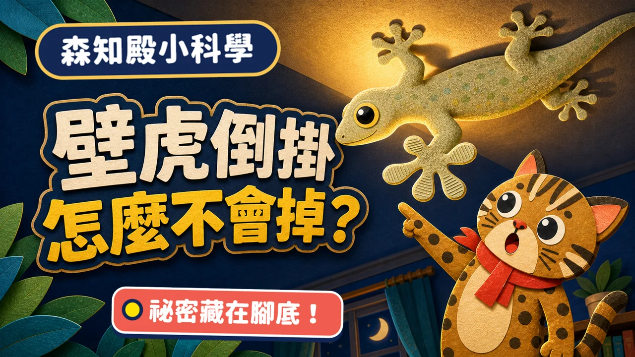 壁虎倒掛天花板影片封面，石寶指向壁虎腳底的微觀黏附祕密