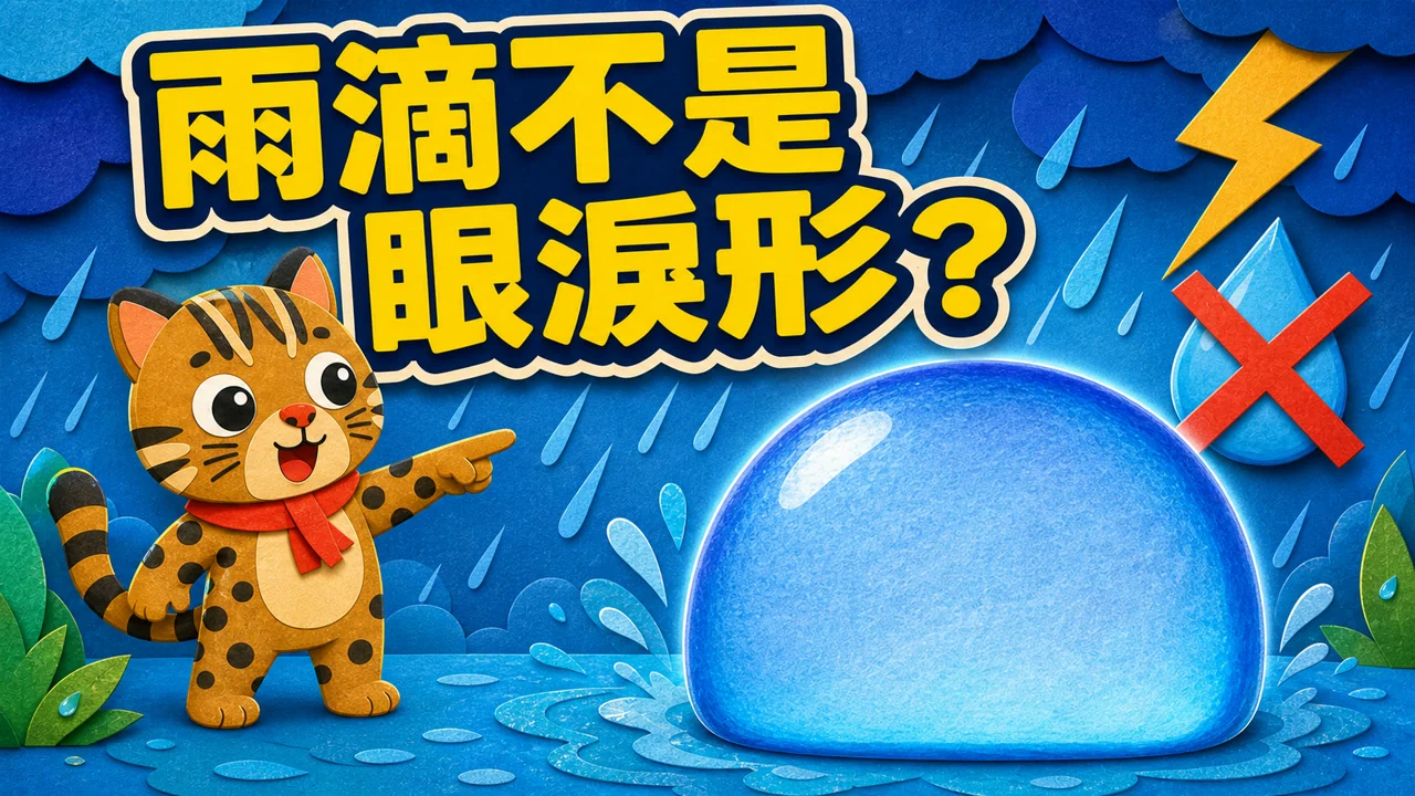 雨滴不是眼淚形影片封面，石寶指向圓扁的大雨滴動態結構