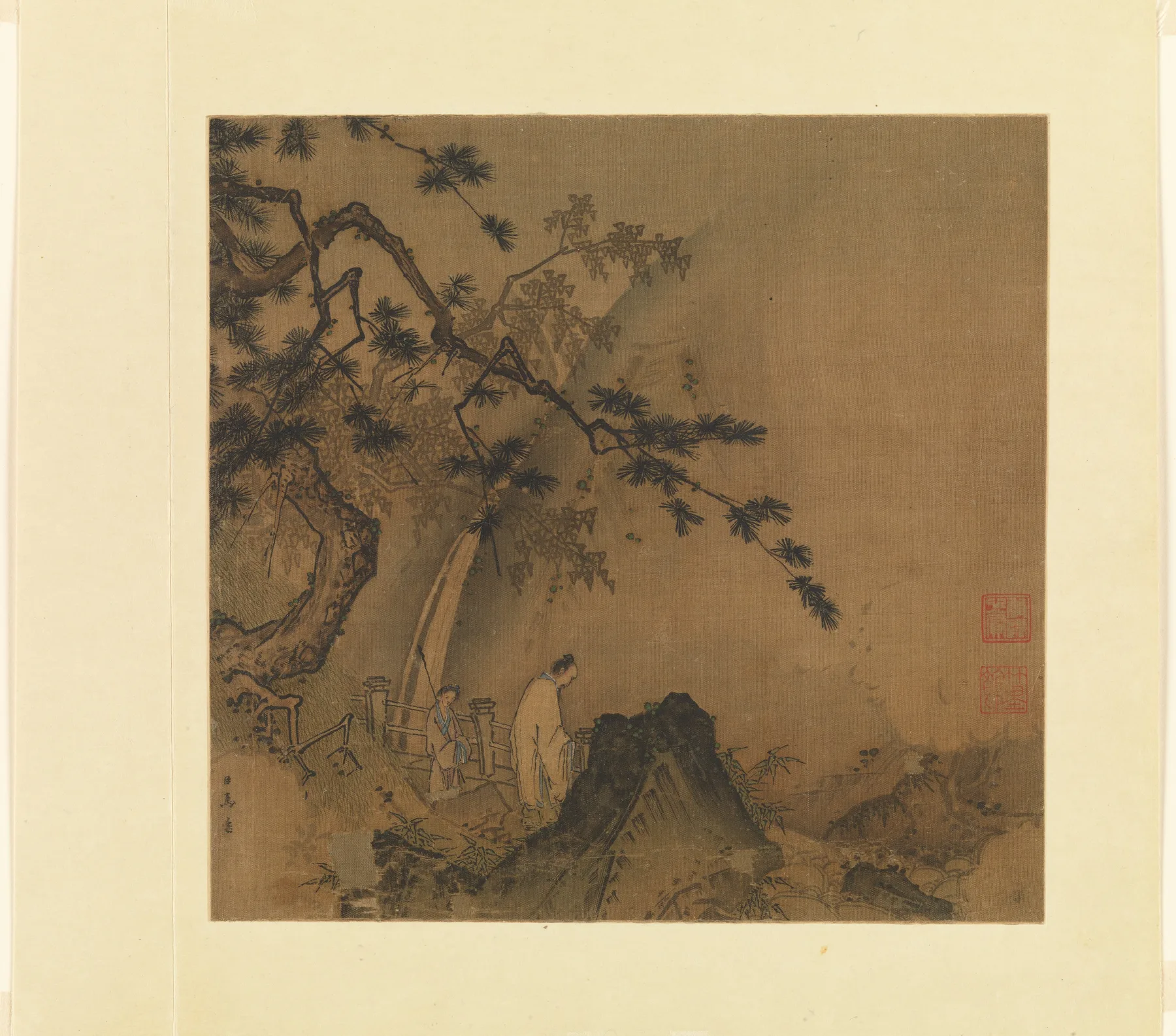 馬遠《觀瀑圖》：畫面左側一位文士立於松下觀看瀑布，右側大片留白。