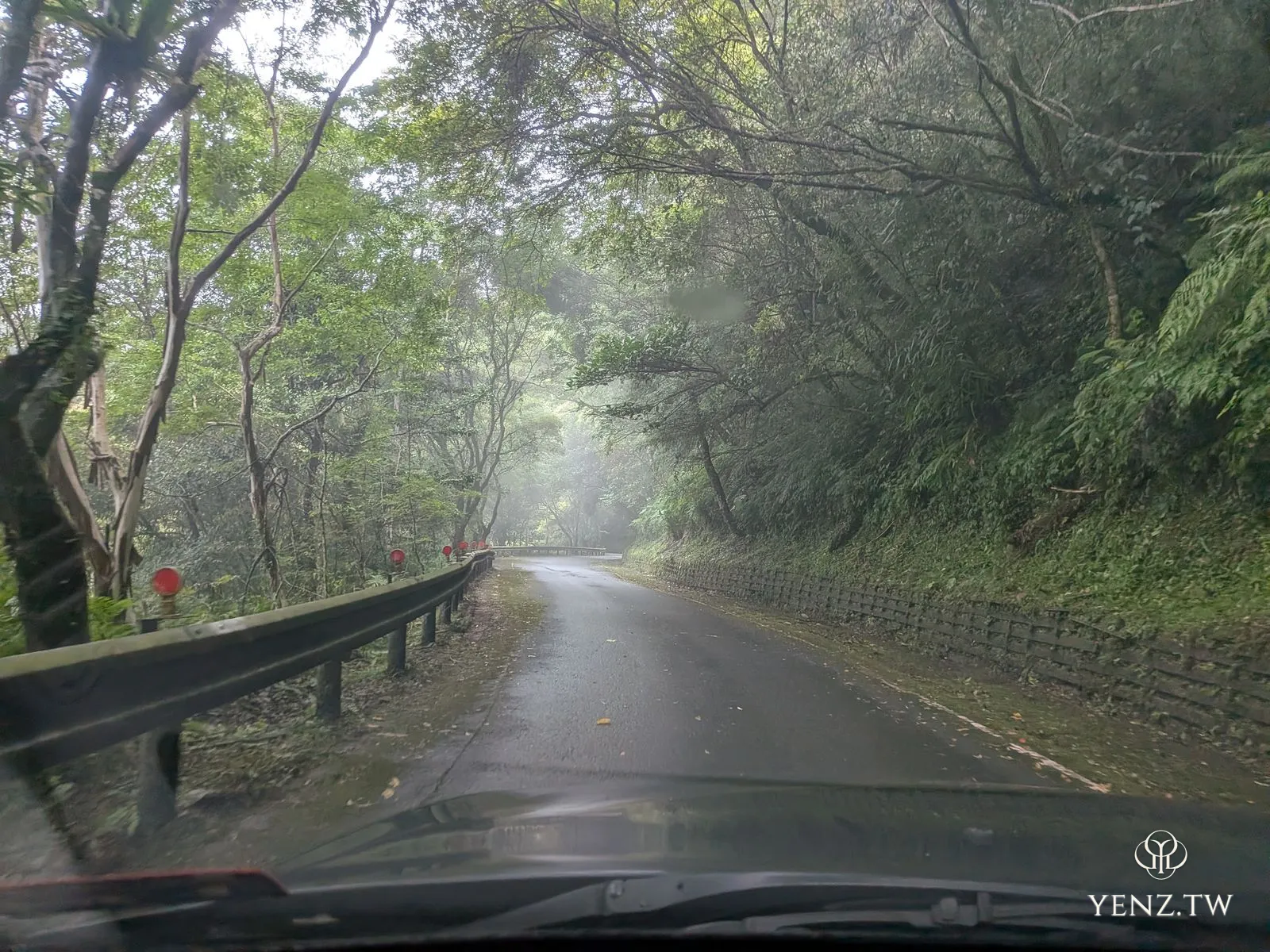 擋風玻璃望出去的山路，林間升起白霧，路面濕滑。