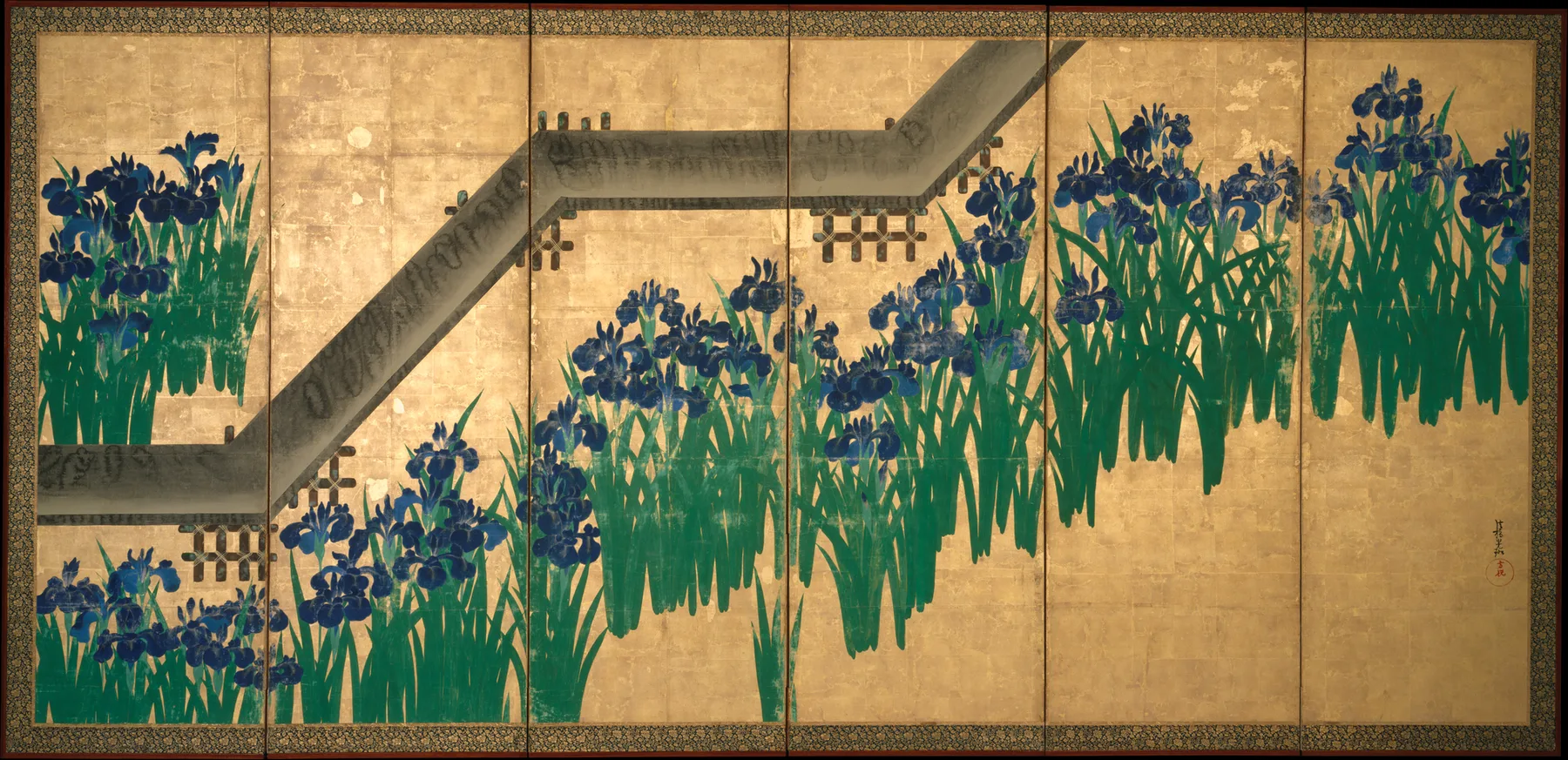 尾形光琳《八橋圖屏風》:金箔底的六曲屏風上,藍色燕子花與綠葉沿著一座之字形木橋展開。