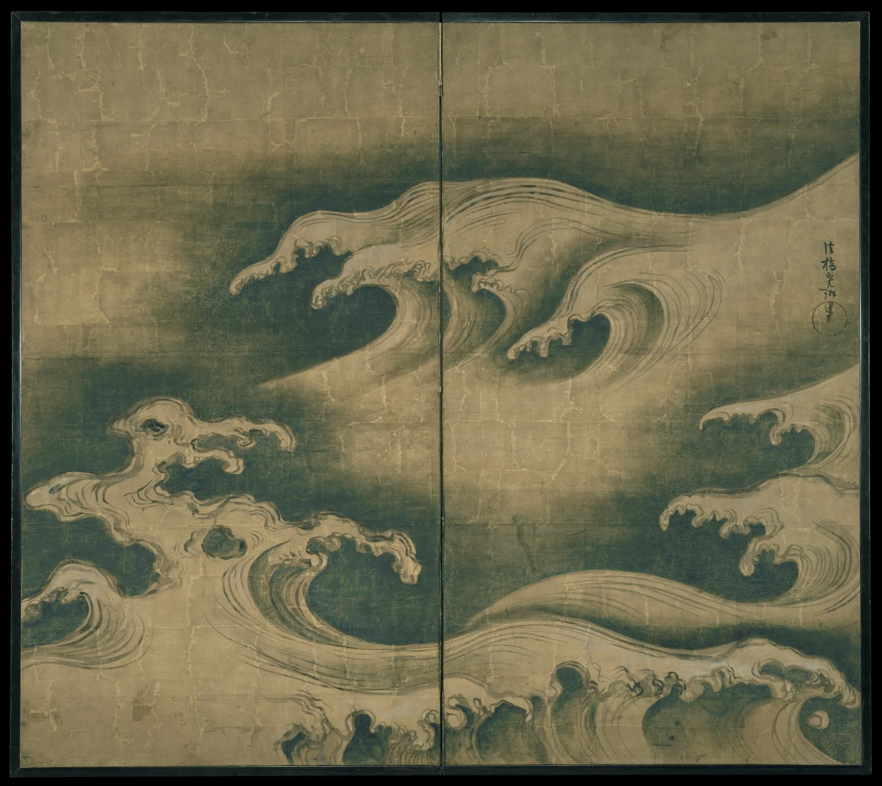 尾形光琳《波濤圖屏風》：二曲屏風上，墨色的巨浪在金箔底上翻捲，浪頭捲成勾狀的泡沫。