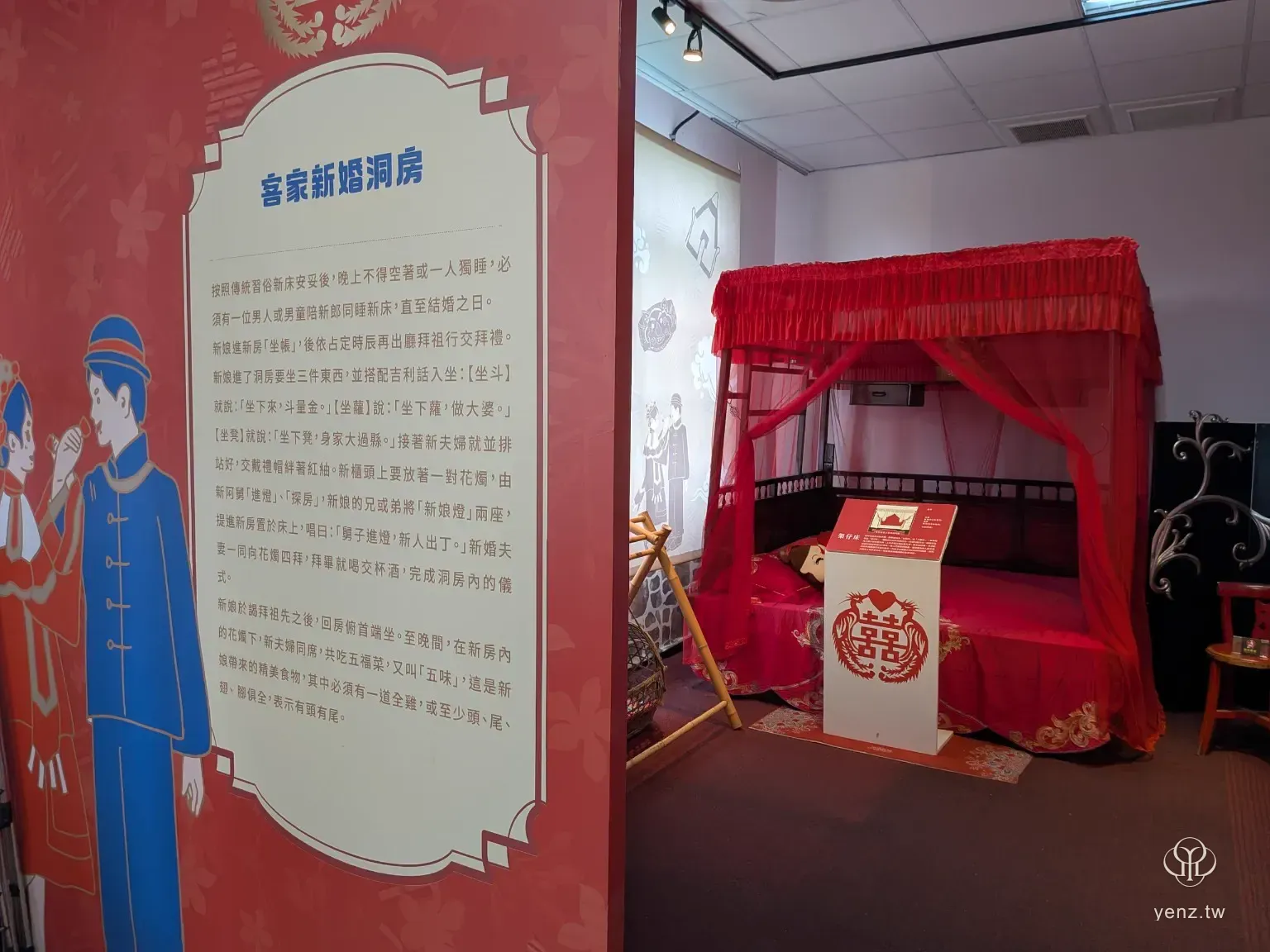 客家新婚洞房展示，紅色床帳與床鋪旁設有說明展板。