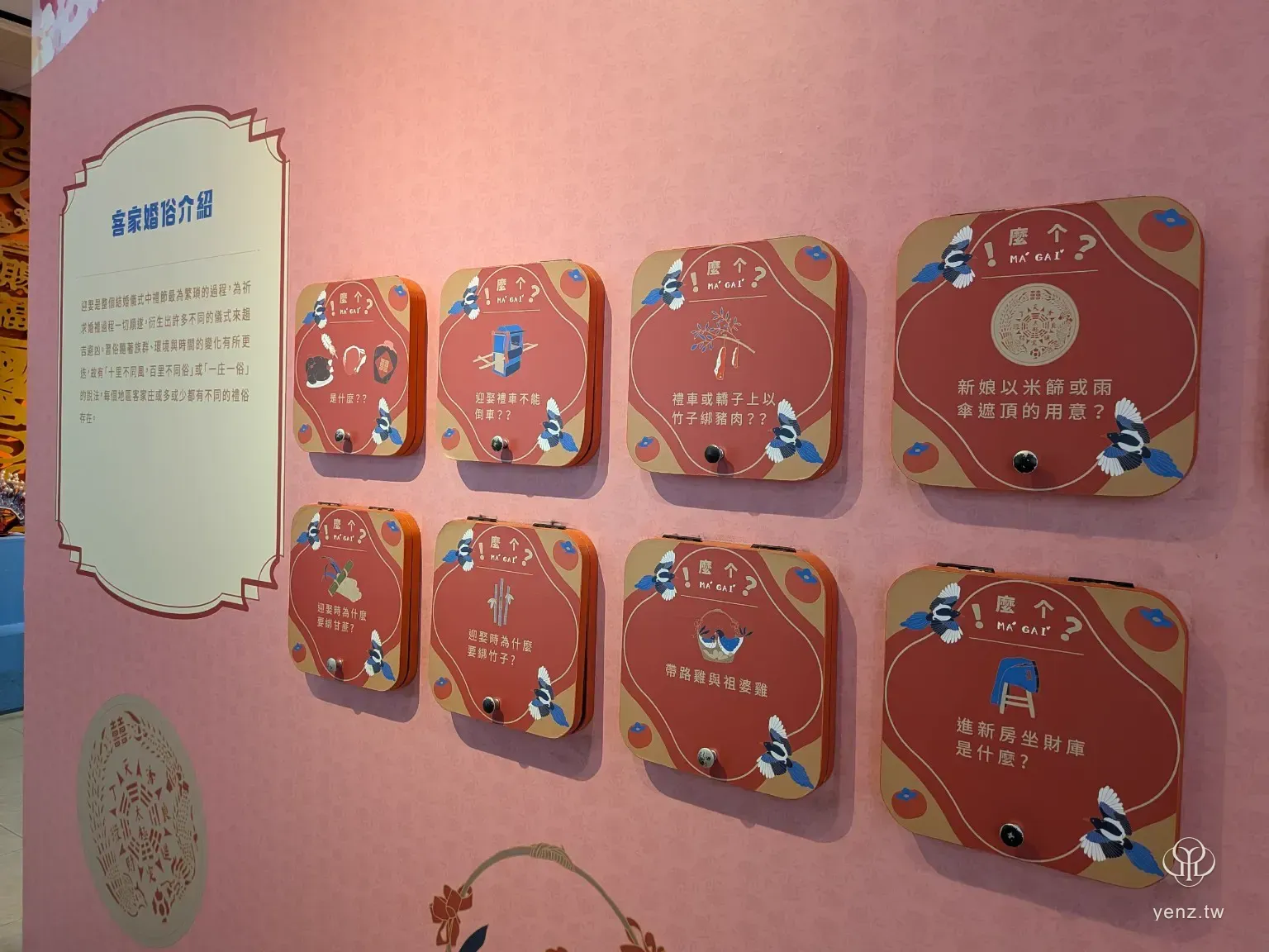 客家婚俗展中的互動翻牌牆，以客語「麼个」提問婚禮習俗問題。
