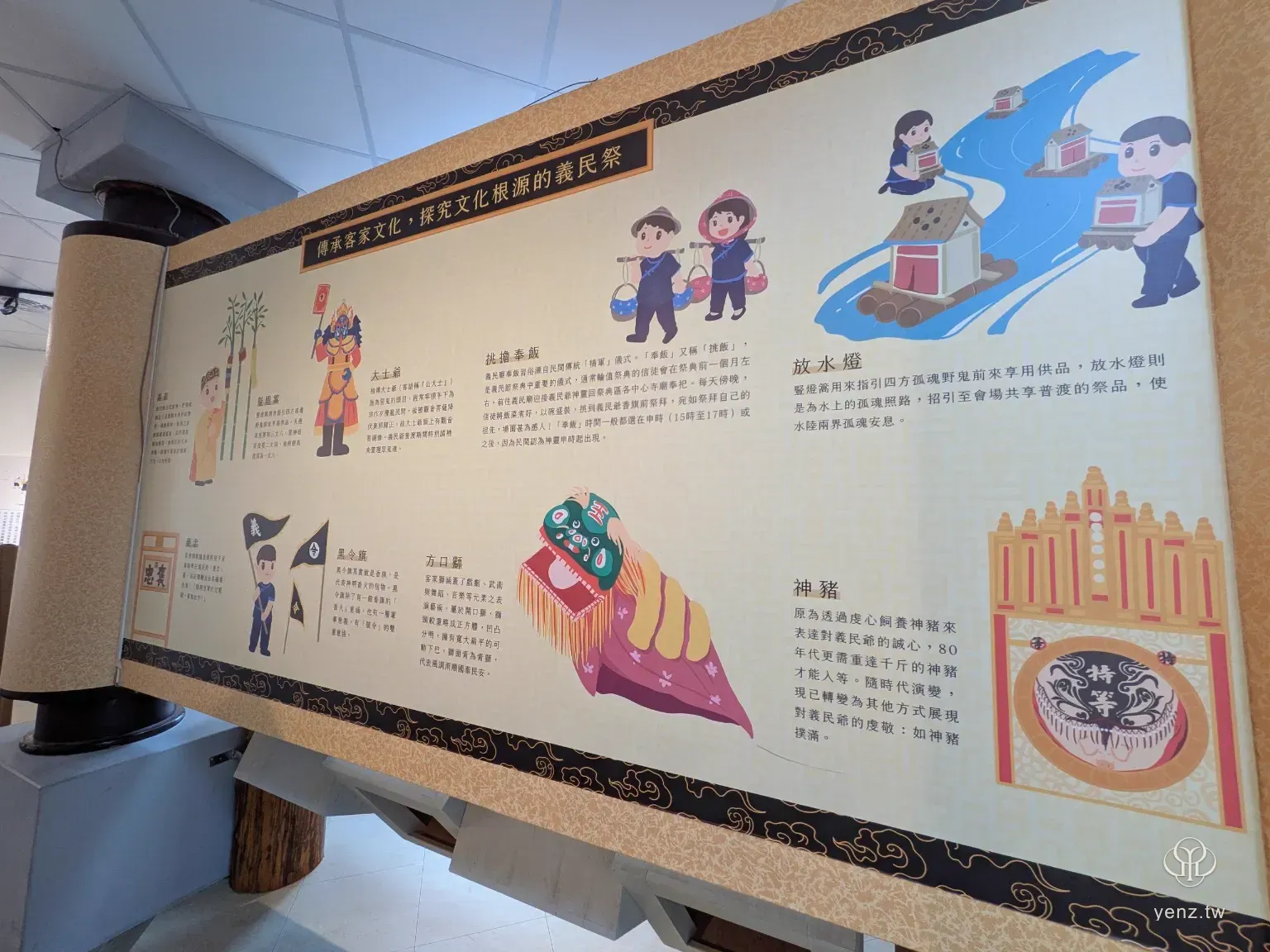 義民祭介紹展板，以插畫呈現挑擔奉飯、放水燈、神豬、黑令旗與方口獅等文化元素。