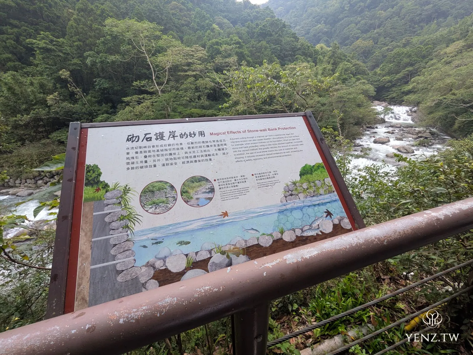 解說牌「砌石護岸的妙用」，臨著溪流。