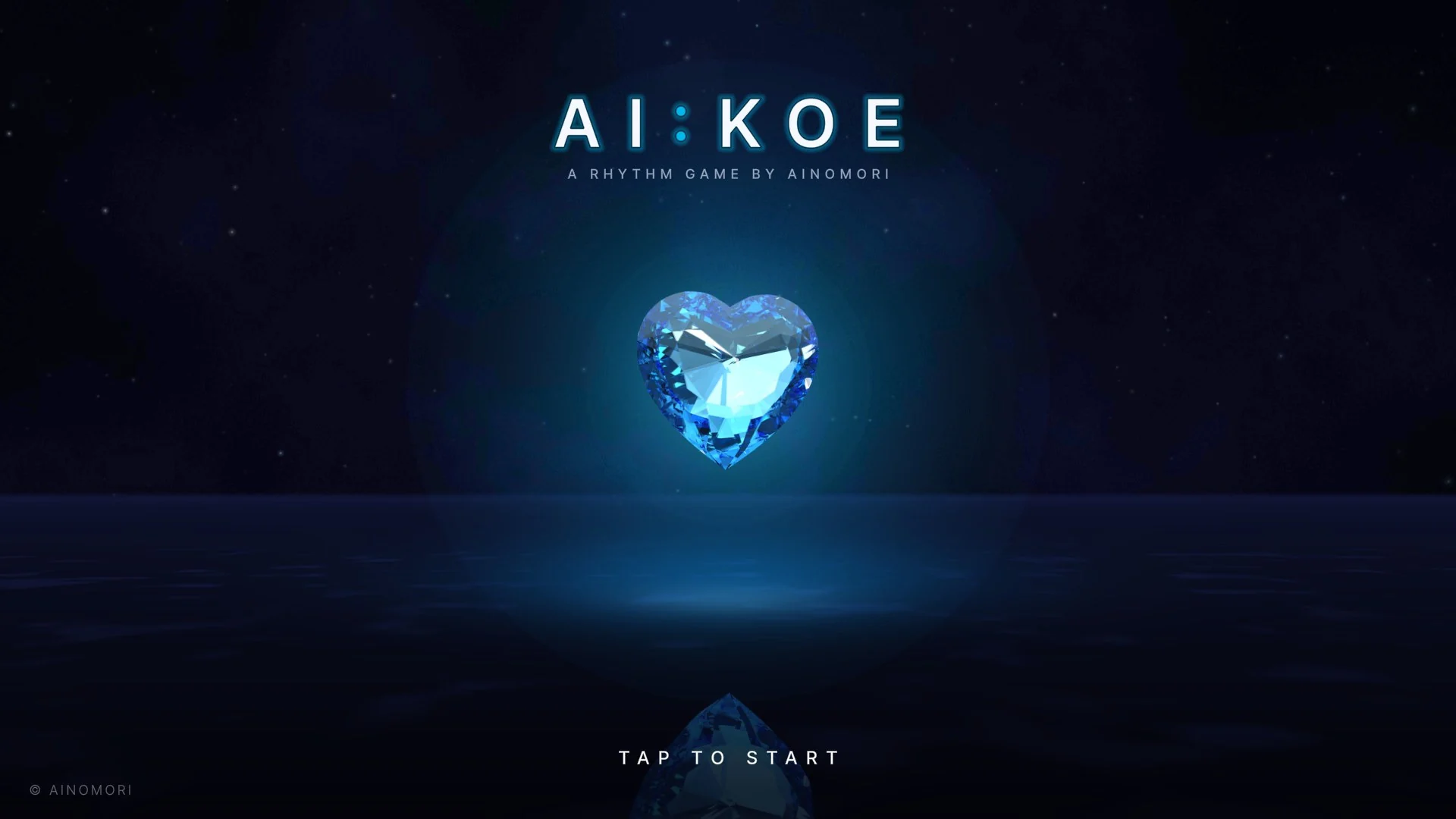 AI:KOE 標題畫面——AI:KOE 標題字、發光的愛心水晶與水面倒影、TAP TO START