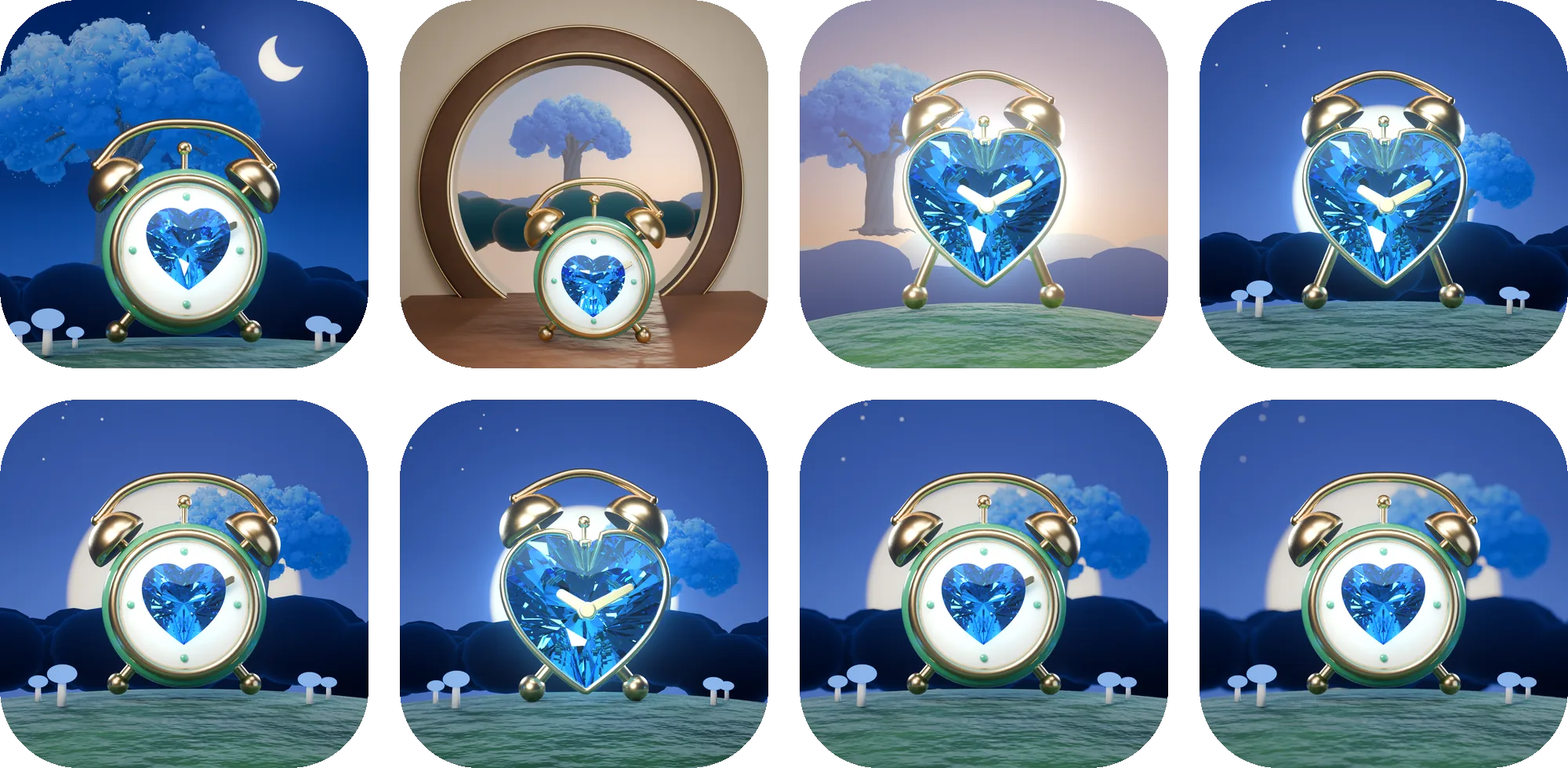 App 圖示八款提案 A 到 H：泰坦之夜、月窗晨光、水晶心鐘日出、水晶心鐘月夜，以及後續四款構圖調整