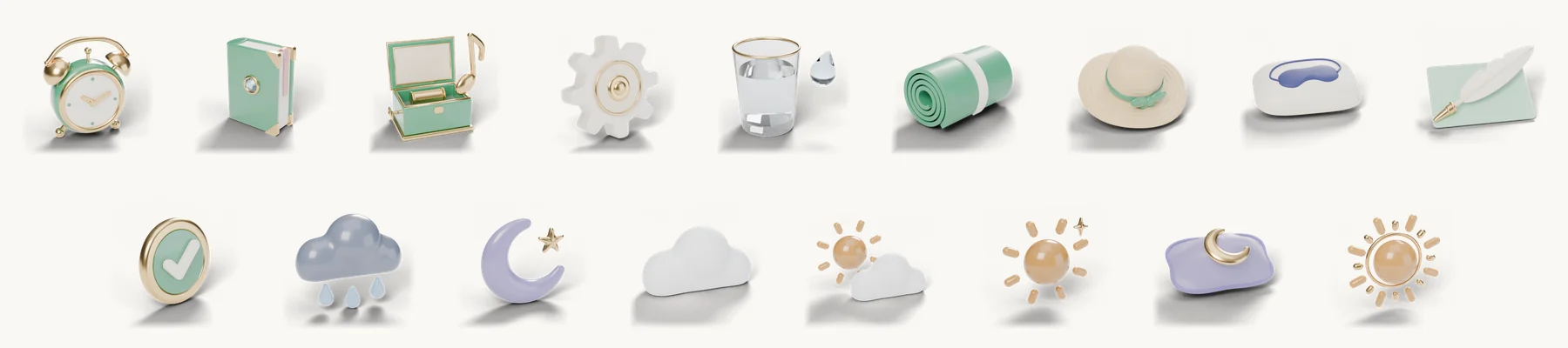 17 個 Blender 3D 圖示：鬧鐘、日記本、音樂盒、齒輪、水杯、瑜珈墊、草帽、眼罩、羽毛筆、完成徽章、五種心情、枕頭月亮與太陽按鈕