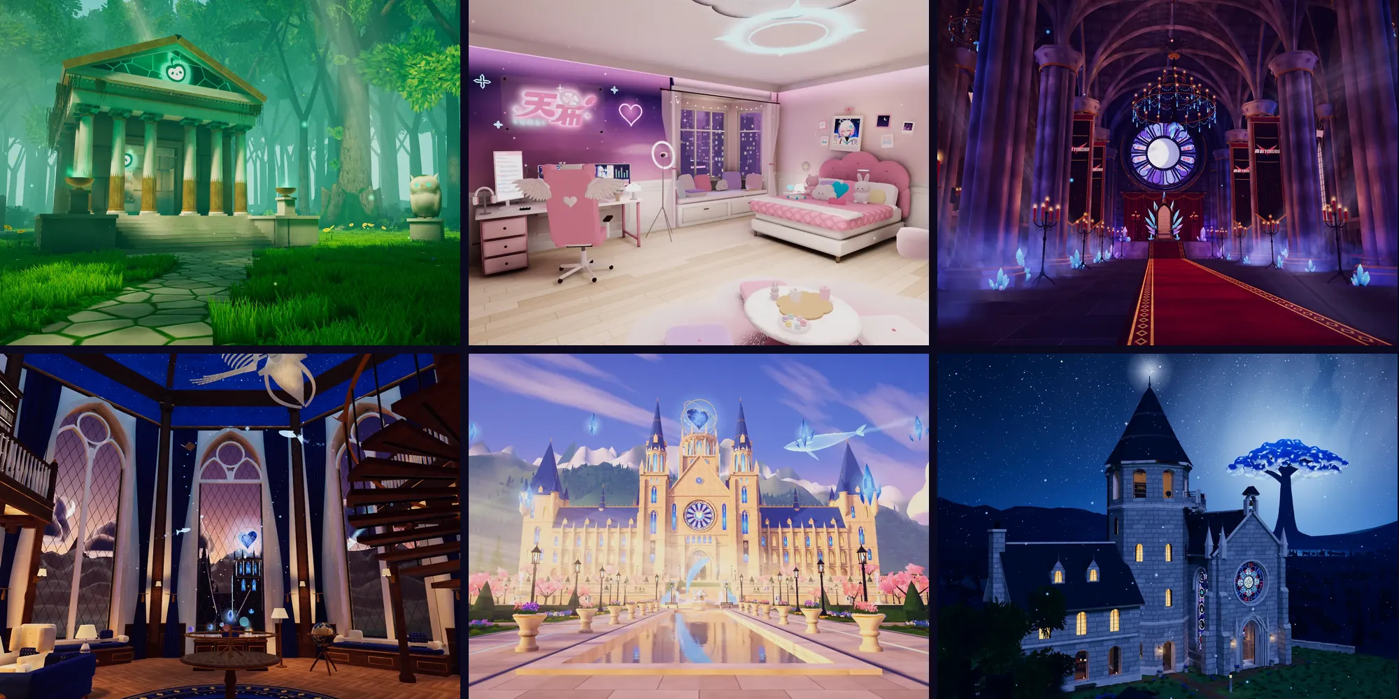 六個 VRChat 世界畫面：鷹之神殿、天希的房間、夜彩的冥府水晶城、京洛的研究室、古雷帝皇家魔法學院、星之塔