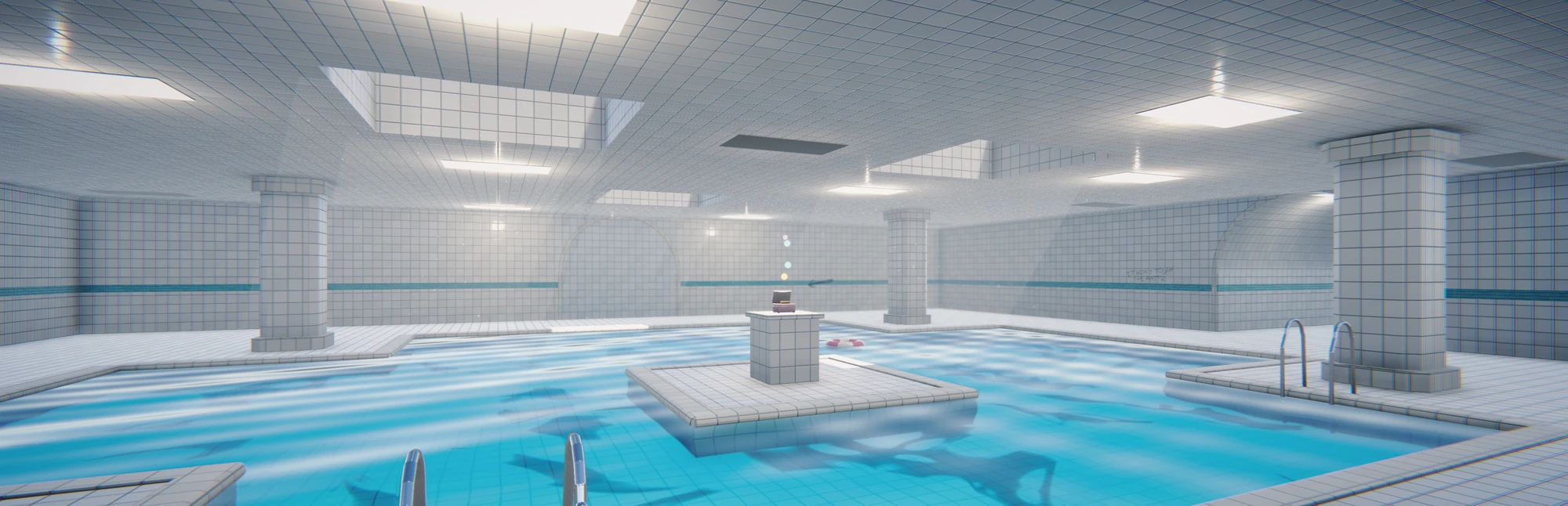 LULLAPOOL 第一章：天窗下空無一人的室內泳池，中央小平台上放著一個八音盒