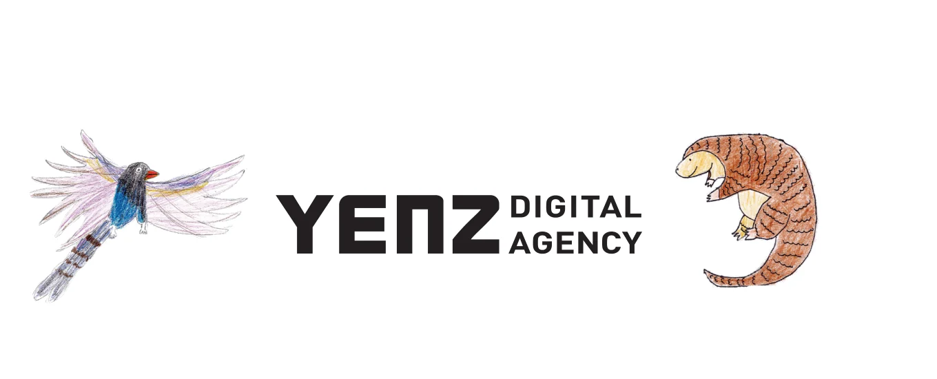 兒童手繪的台灣藍鵲與穿山甲，分立於 YENZ DIGITAL AGENCY 標誌兩側。