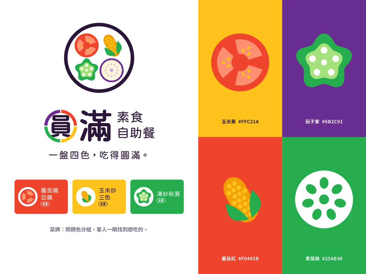 圓滿素食的標誌板：主標、反白版與標準色